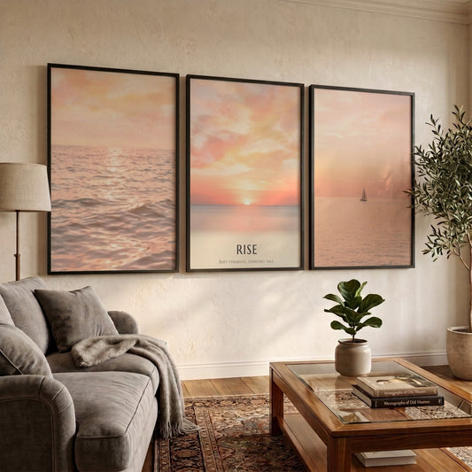 Poster triptych showing a sunrise over the ocean with a sailboat and text