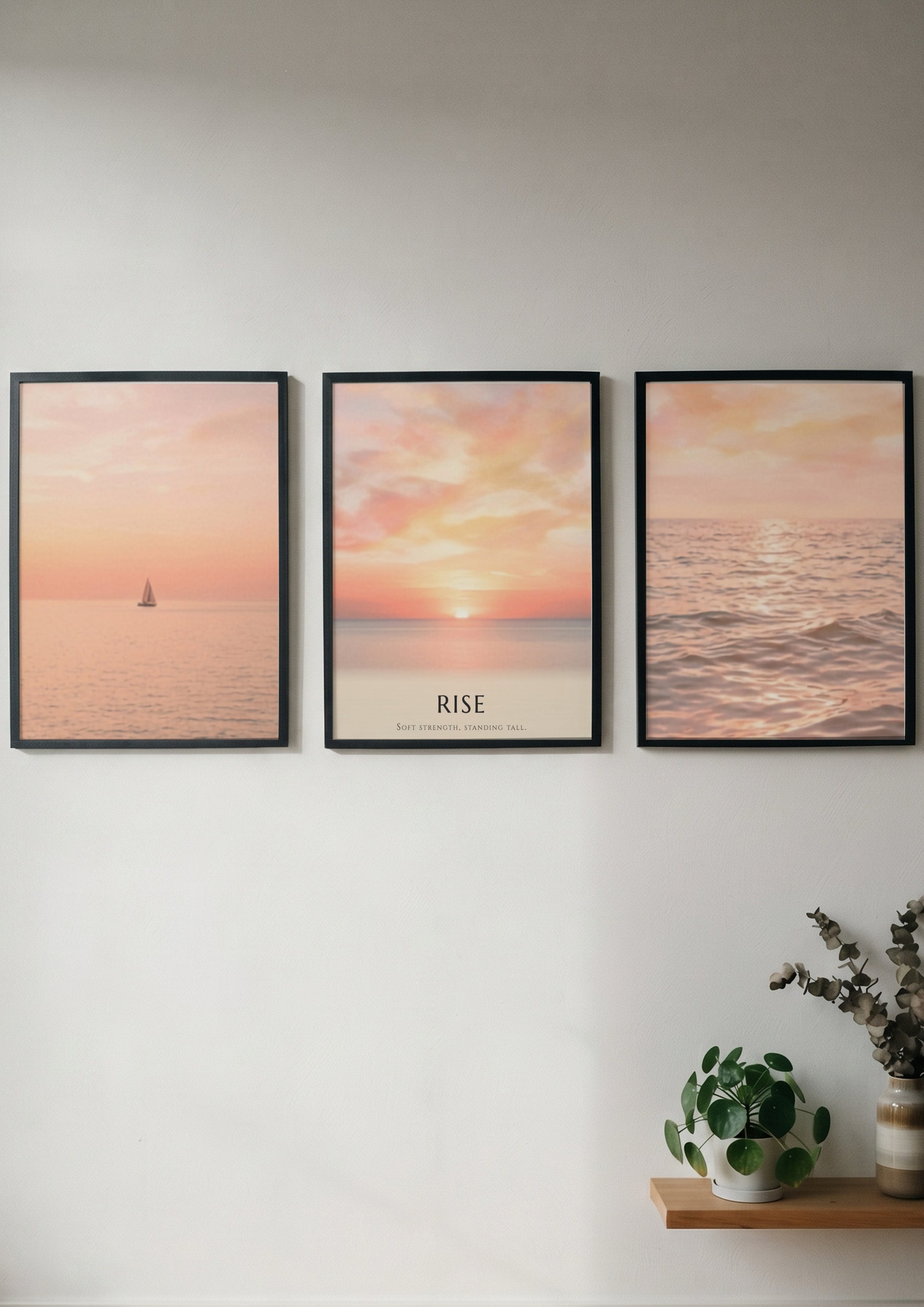 Poster triptych showing a sunrise over the ocean with a sailboat and text