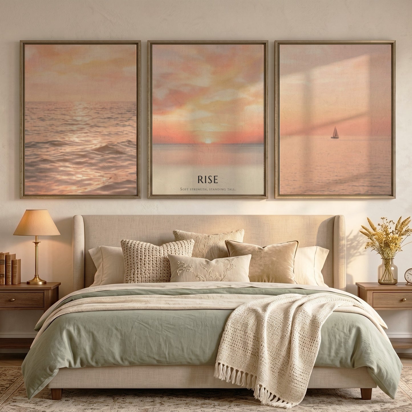 Poster triptych showing a sunrise over the ocean with a sailboat and text
