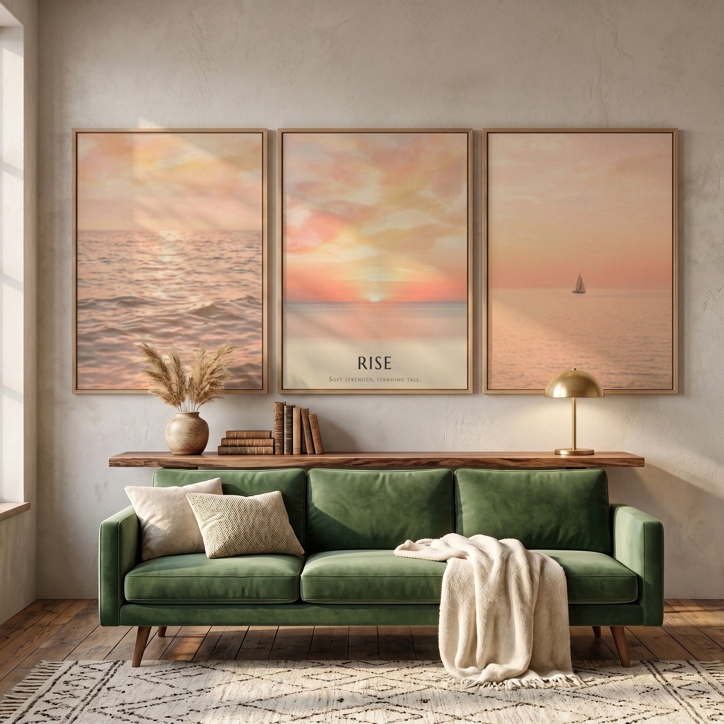 Poster triptych showing a sunrise over the ocean with a sailboat and text