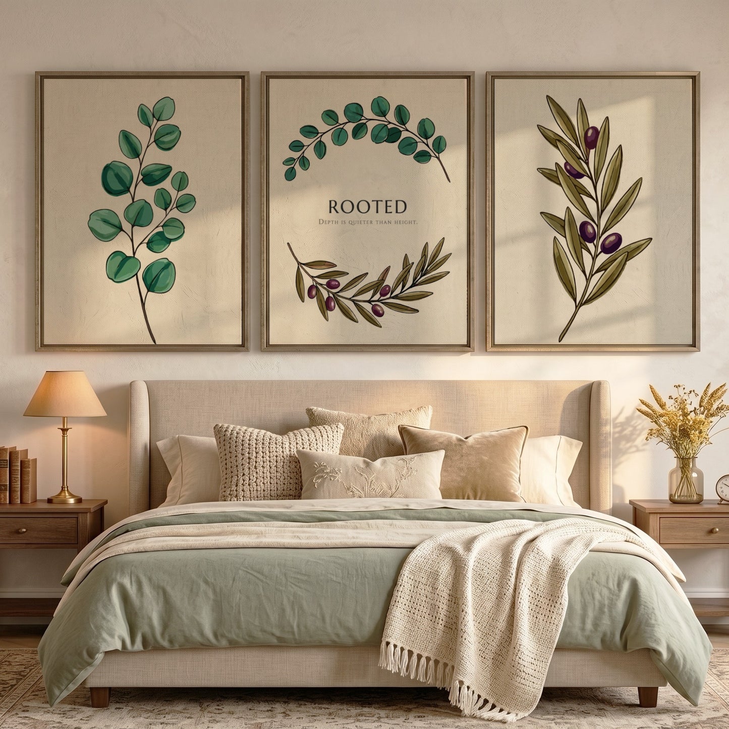 Poster set featuring illustrations of olive branches and eucalyptus leaves on cream backgrounds.