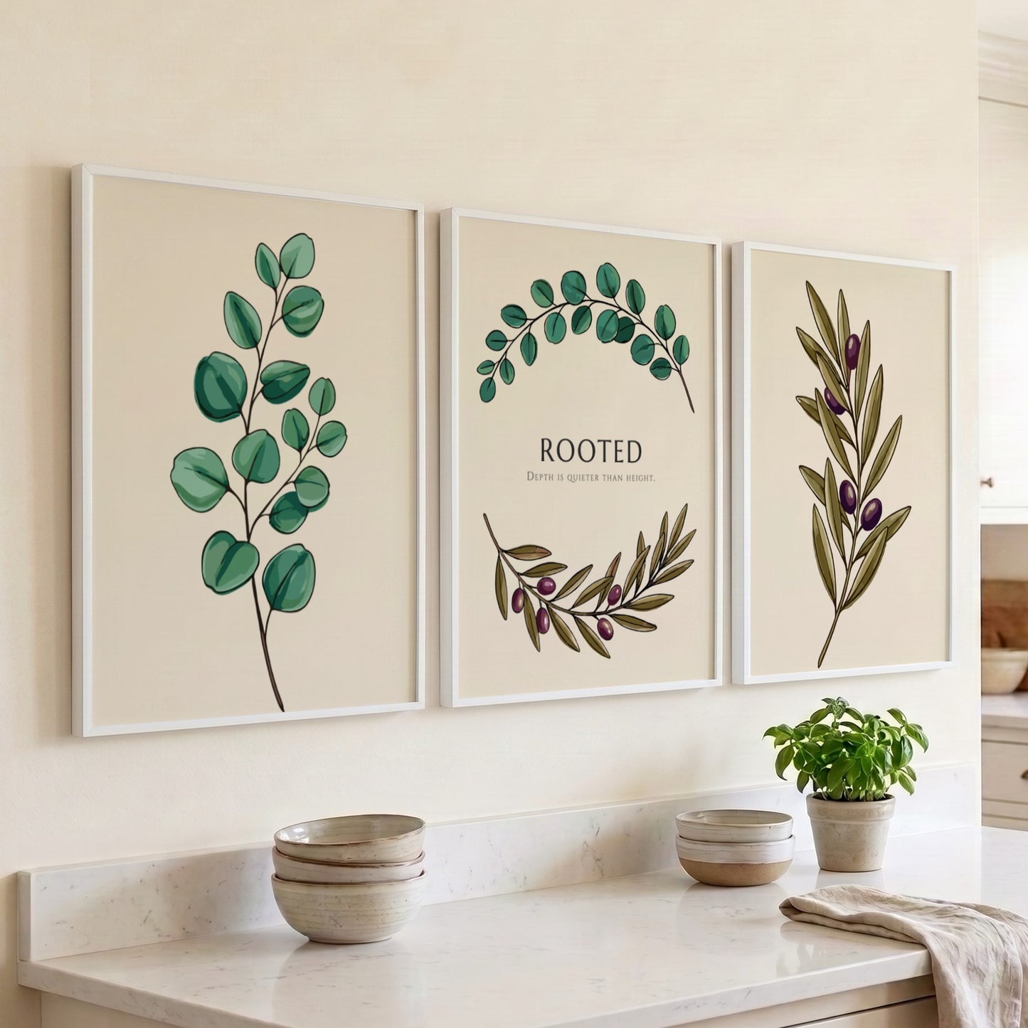 Poster set featuring illustrations of olive branches and eucalyptus leaves on cream backgrounds.