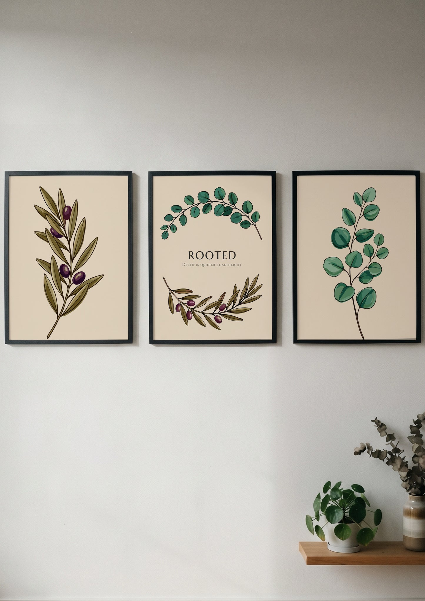 Poster set featuring illustrations of olive branches and eucalyptus leaves on cream backgrounds.