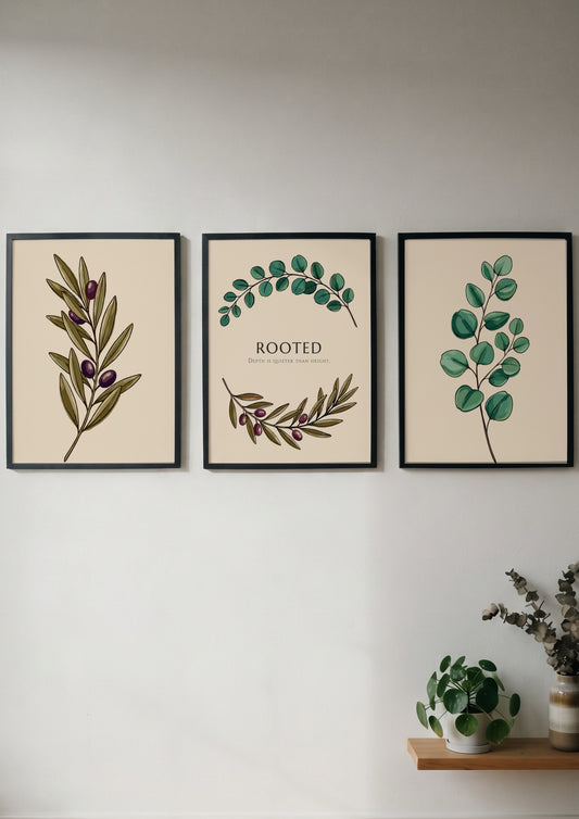 Poster set featuring illustrations of olive branches and eucalyptus leaves on cream backgrounds.