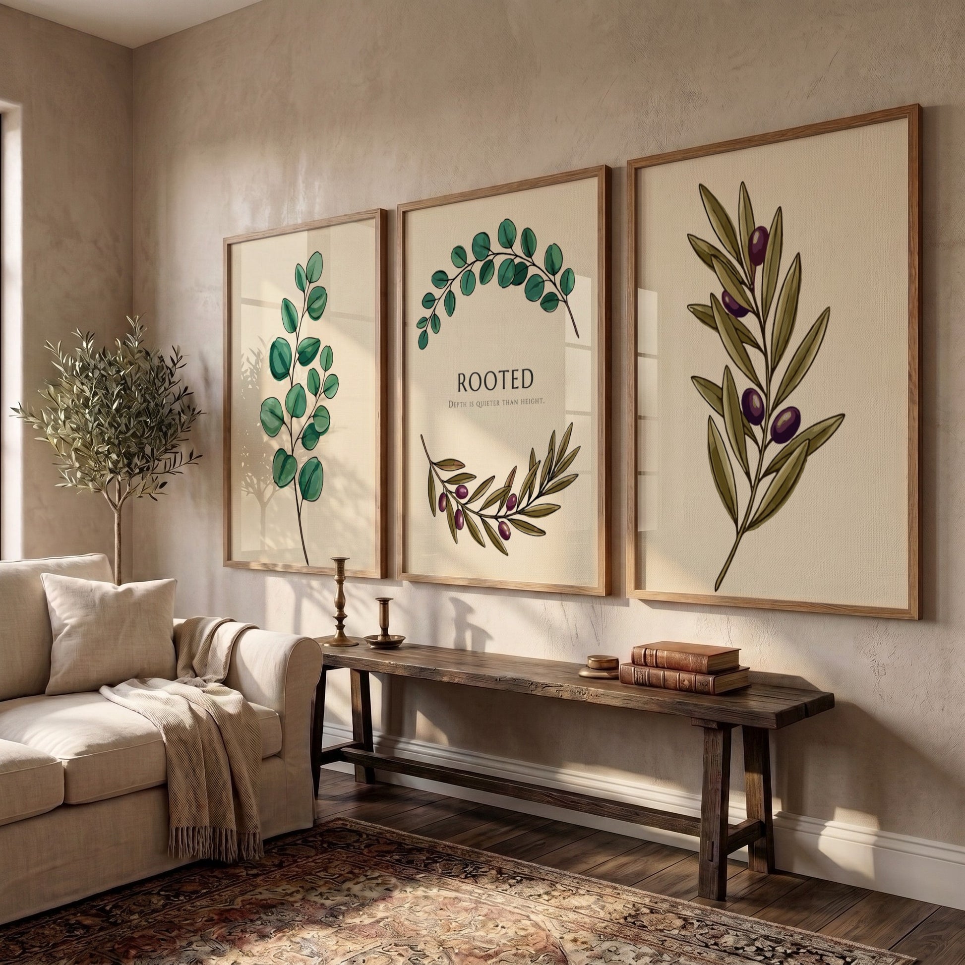Poster set featuring illustrations of olive branches and eucalyptus leaves on cream backgrounds.