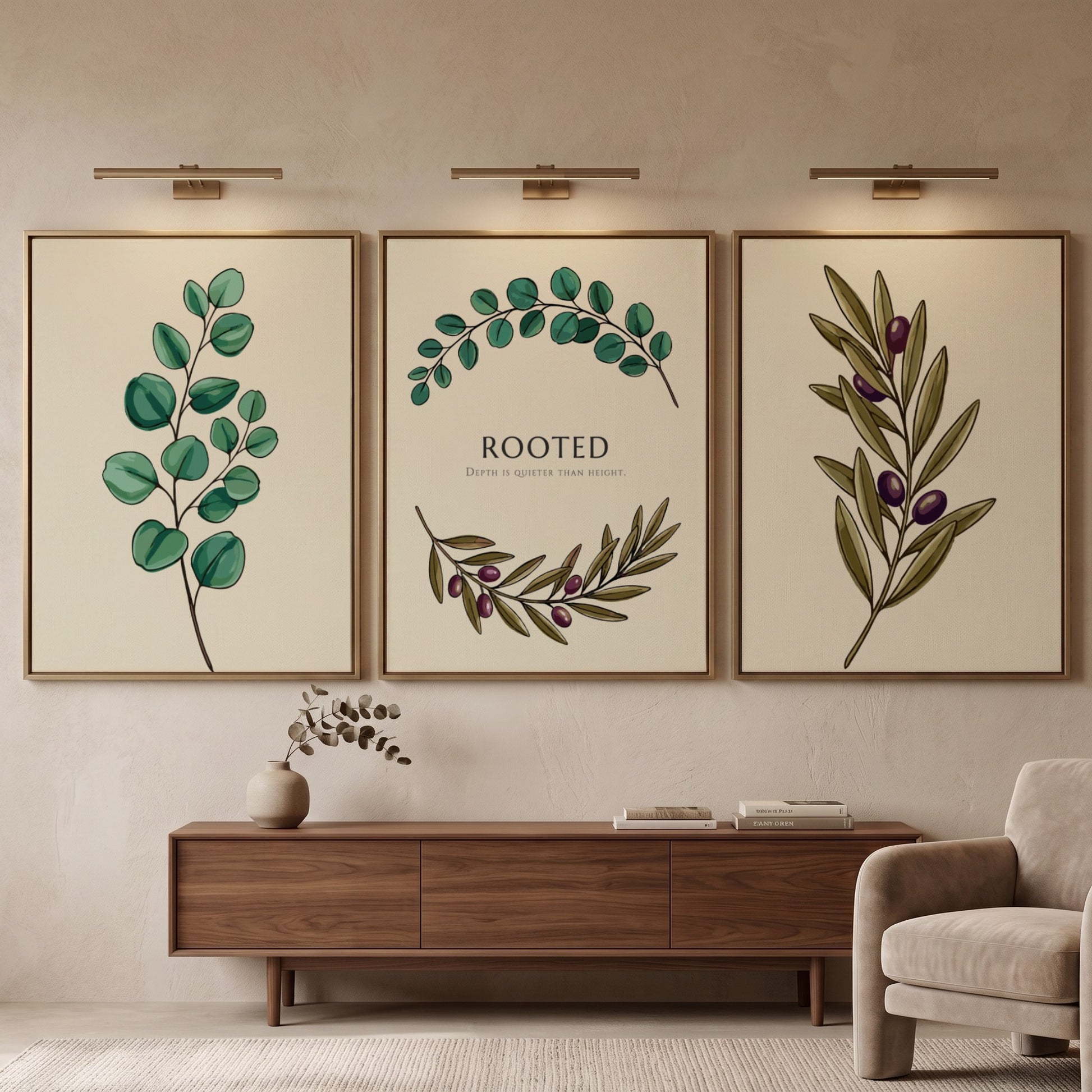Poster set featuring illustrations of olive branches and eucalyptus leaves on cream backgrounds.