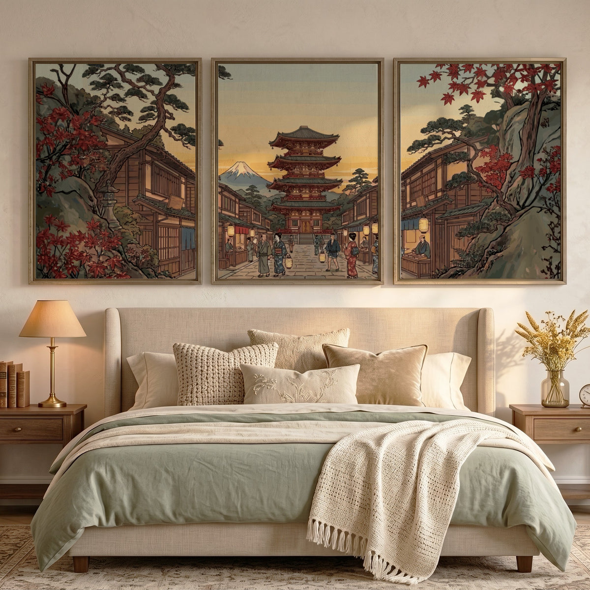 Three vertical framed prints featuring a Japanese pagoda landscape with autumn trees and mountain