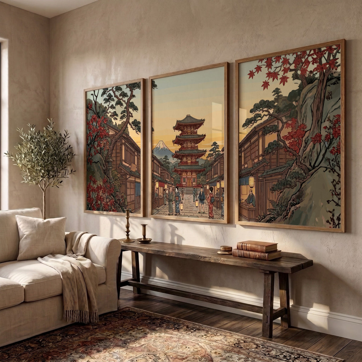 Three vertical framed prints featuring a Japanese pagoda landscape with autumn trees and mountain
