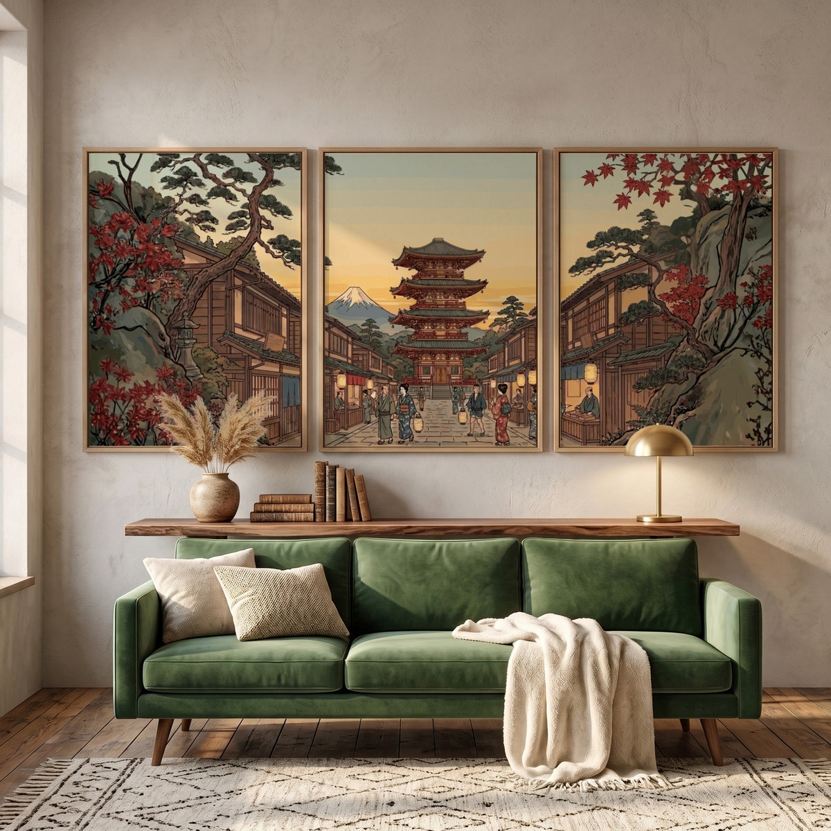 Three vertical framed prints featuring a Japanese pagoda landscape with autumn trees and mountain