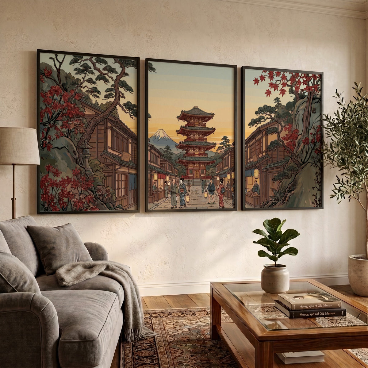 Three vertical framed prints featuring a Japanese pagoda landscape with autumn trees and mountain