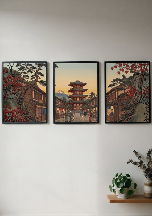 Three vertical framed prints featuring a Japanese pagoda landscape with autumn trees and mountain