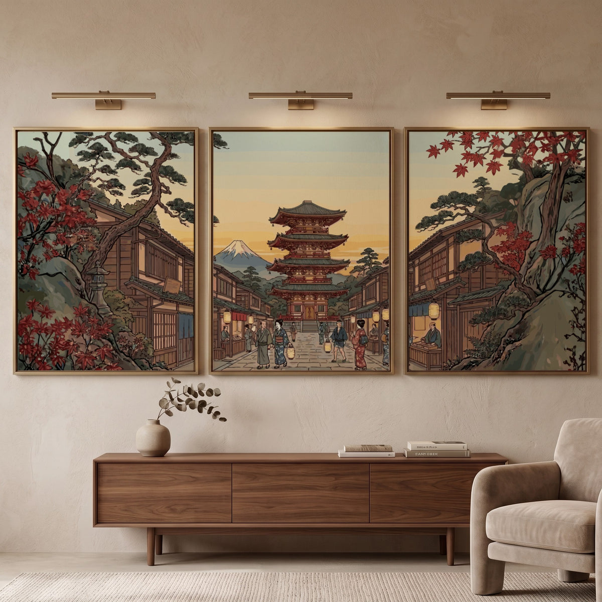 Three vertical framed prints featuring a Japanese pagoda landscape with autumn trees and mountain