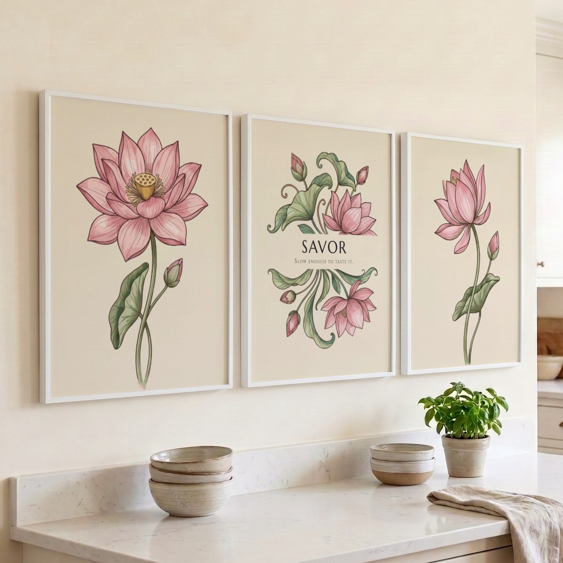 Poster triptych featuring delicate pink lotus flowers and the word Savor on cream.