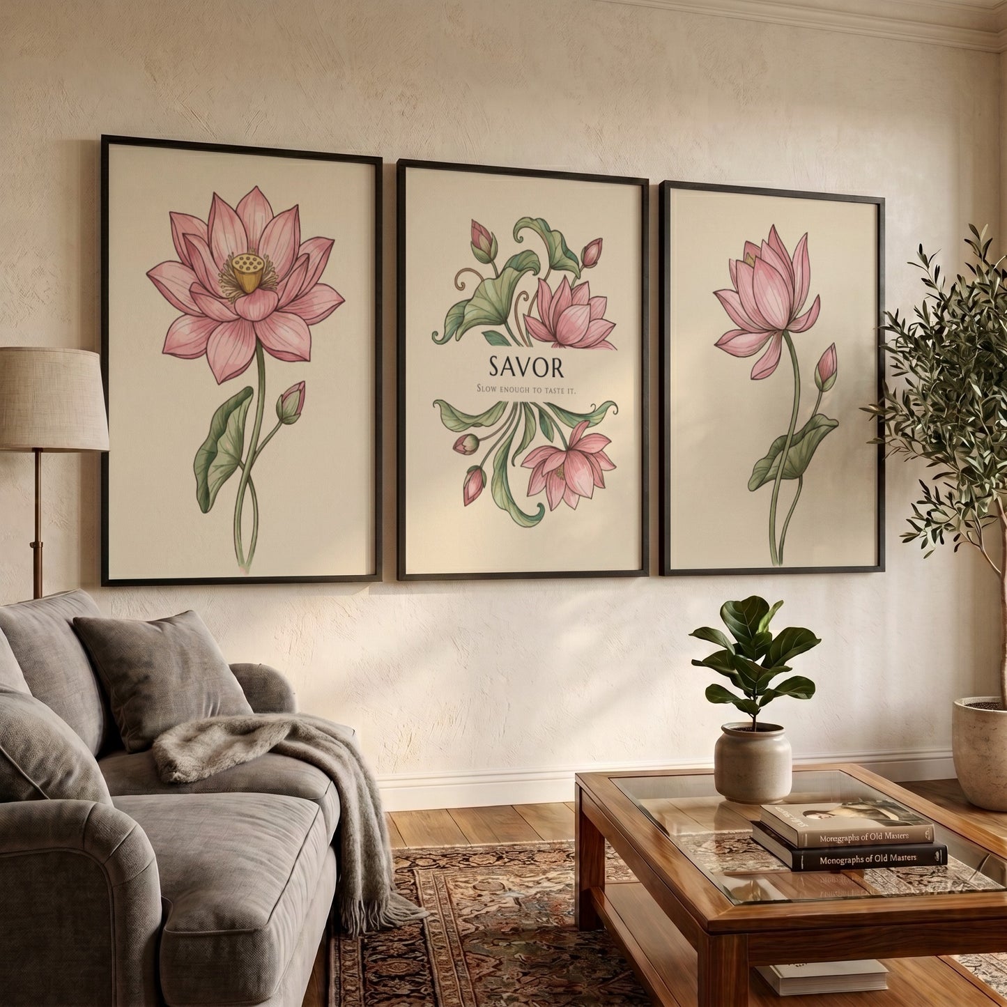 Poster triptych featuring delicate pink lotus flowers and the word Savor on cream.
