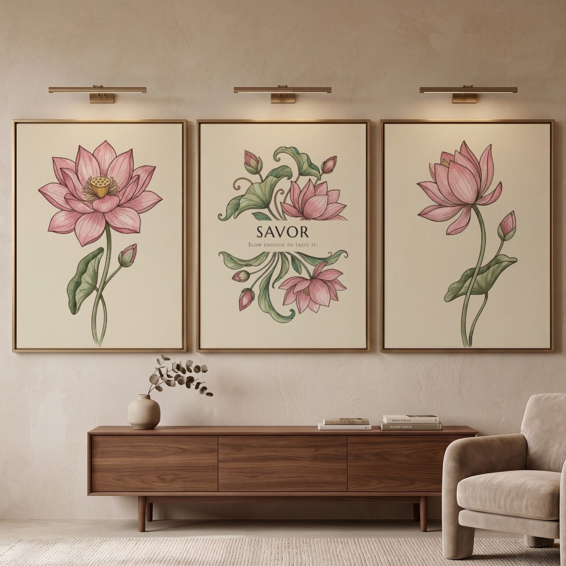 Poster triptych featuring delicate pink lotus flowers and the word Savor on cream.