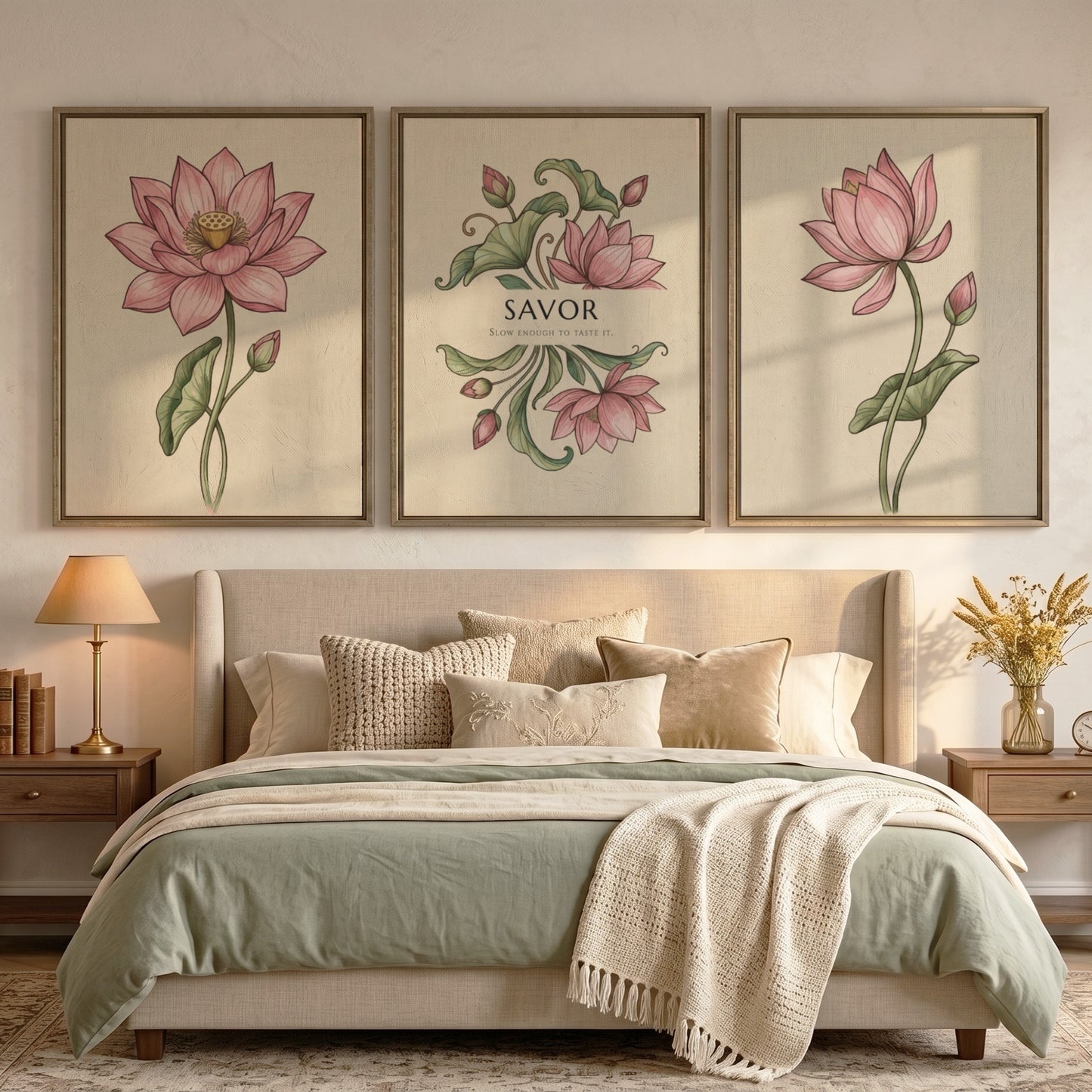 Poster triptych featuring delicate pink lotus flowers and the word Savor on cream.