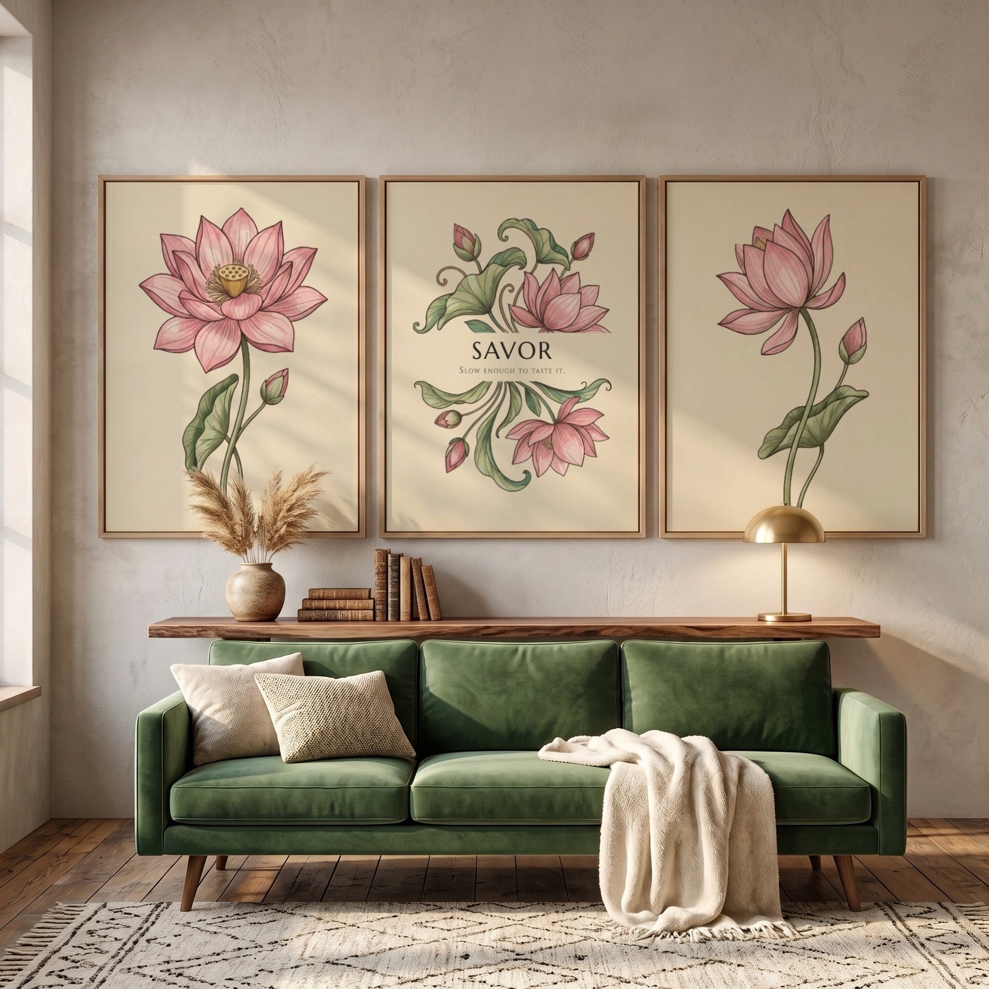 Poster triptych featuring delicate pink lotus flowers and the word Savor on cream.