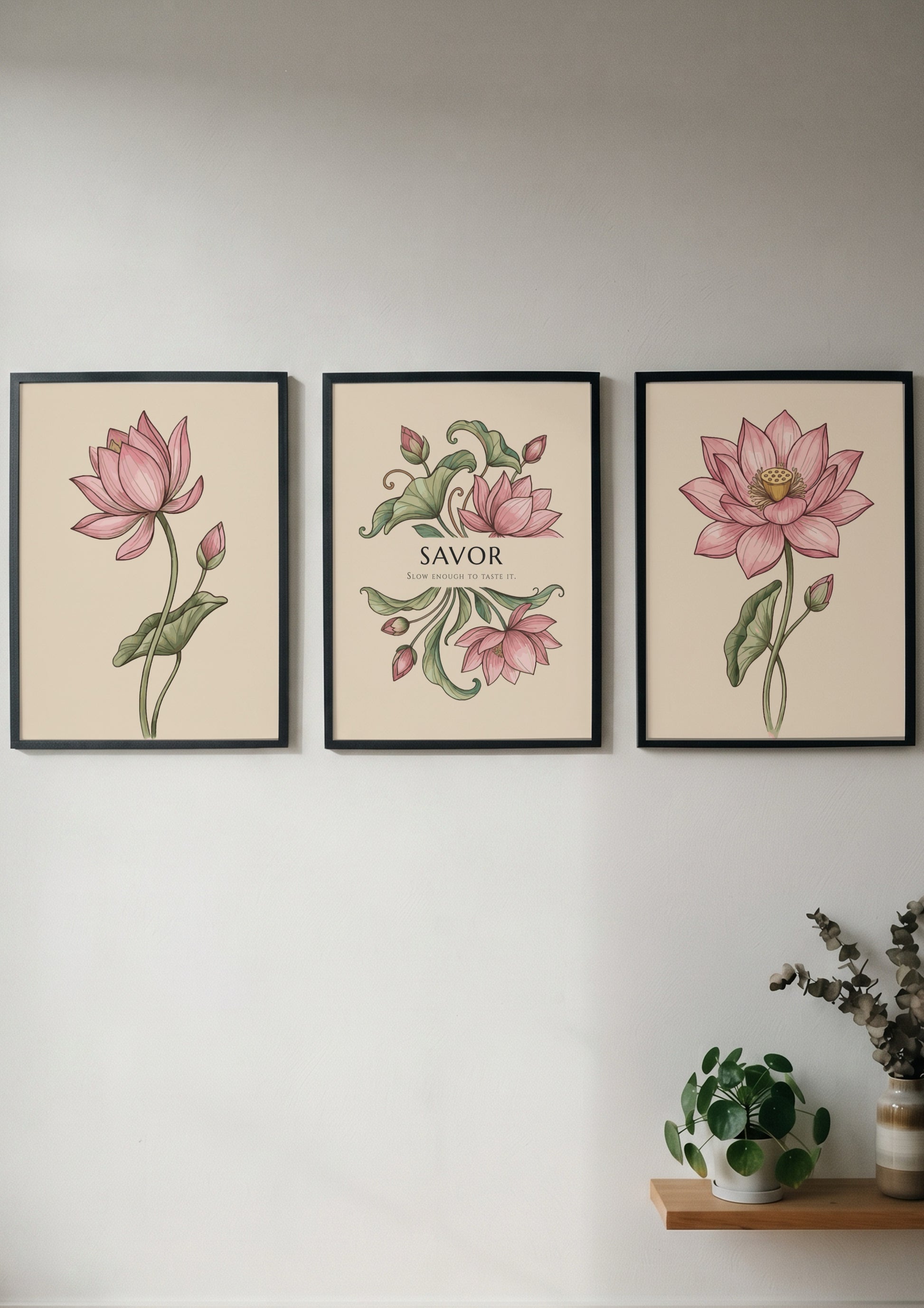 Poster triptych featuring delicate pink lotus flowers and the word Savor on cream.