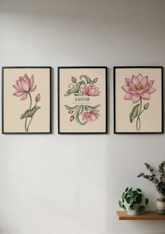 Poster triptych featuring delicate pink lotus flowers and the word Savor on cream.