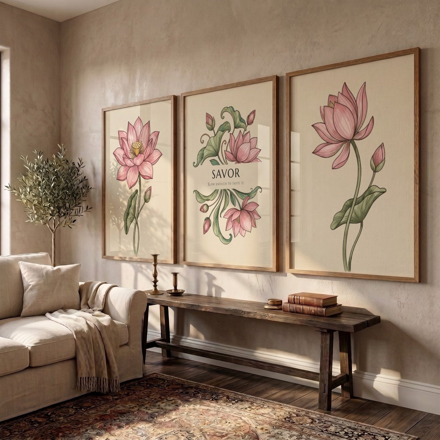 Poster triptych featuring delicate pink lotus flowers and the word Savor on cream.