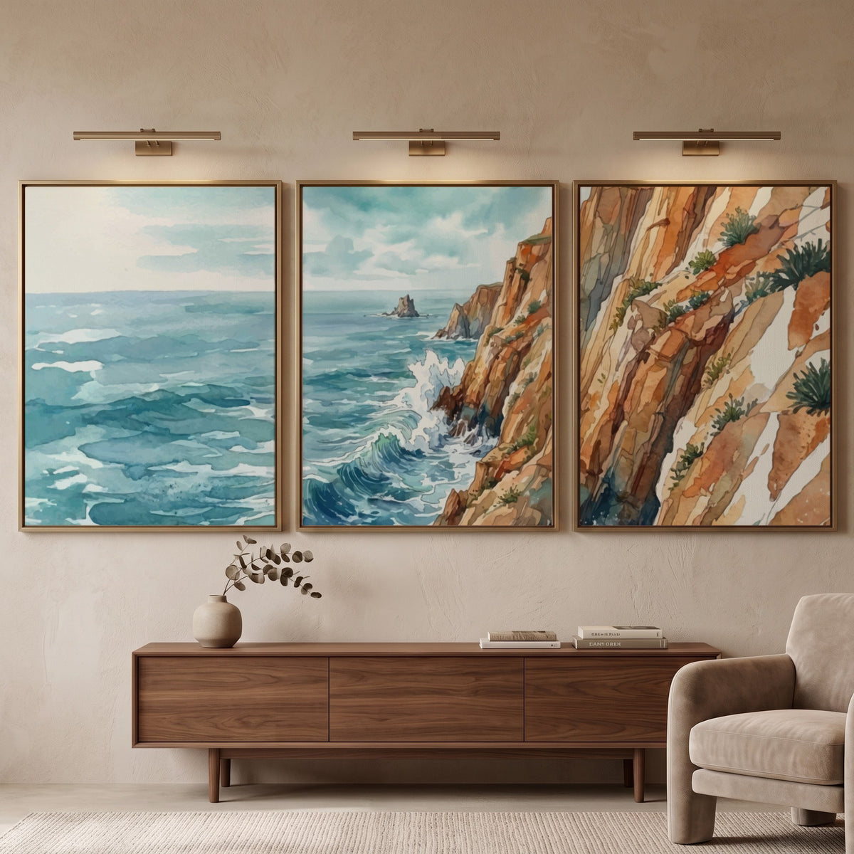 Coastal triptych watercolour print showing ocean waves and rugged cliffs in blue tones