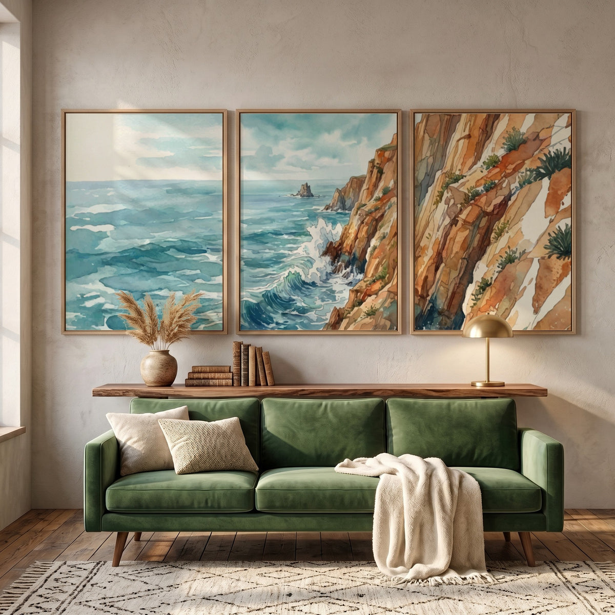 Coastal triptych watercolour print showing ocean waves and rugged cliffs in blue tones