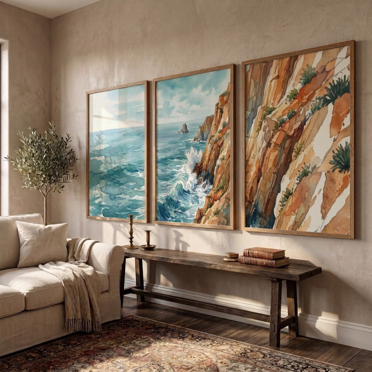Coastal triptych watercolour print showing ocean waves and rugged cliffs in blue tones