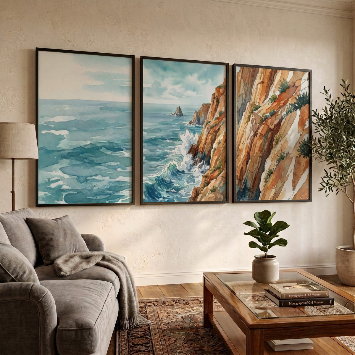 Coastal triptych watercolour print showing ocean waves and rugged cliffs in blue tones
