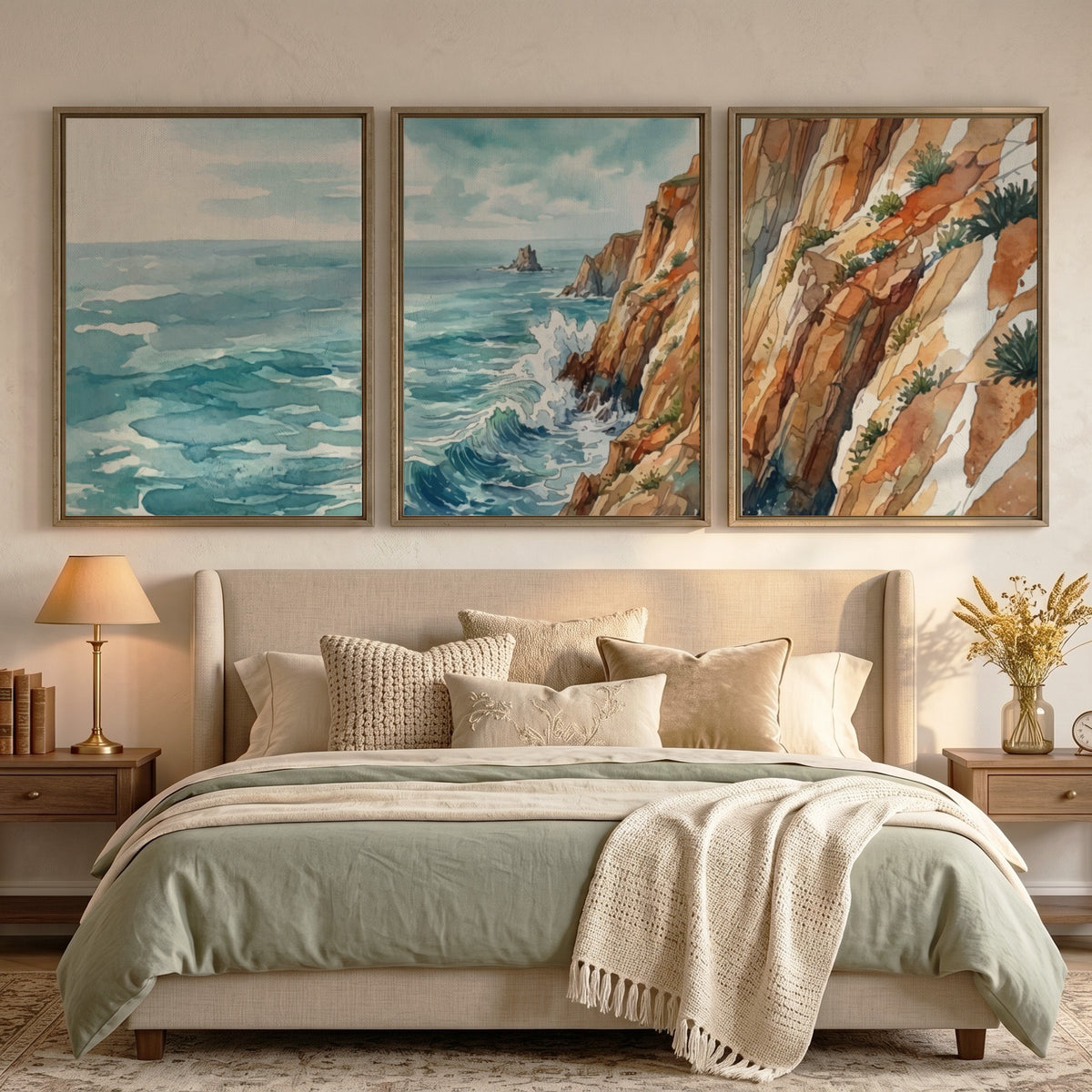 Coastal triptych watercolour print showing ocean waves and rugged cliffs in blue tones