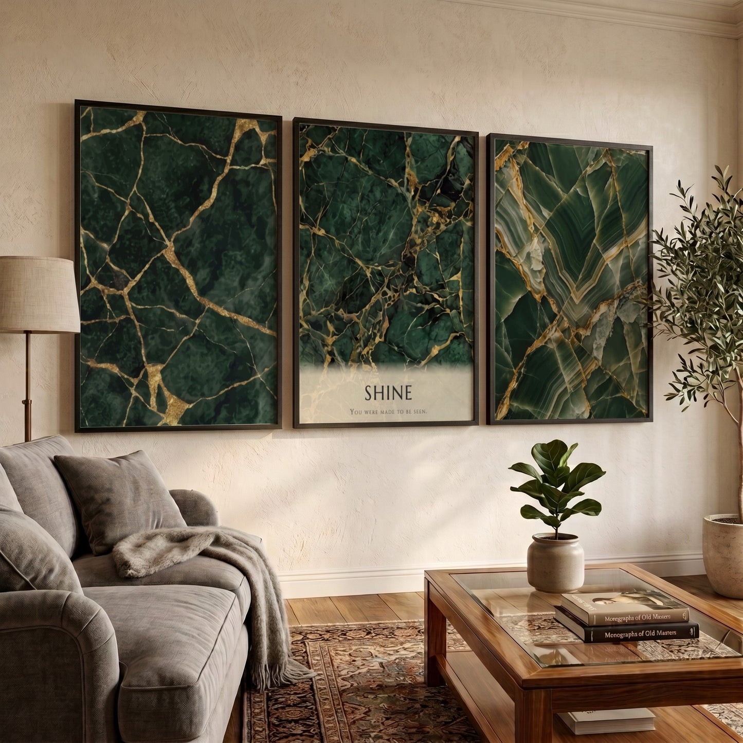 Poster triptych featuring dark green marble textures with gold veining and SHINE text