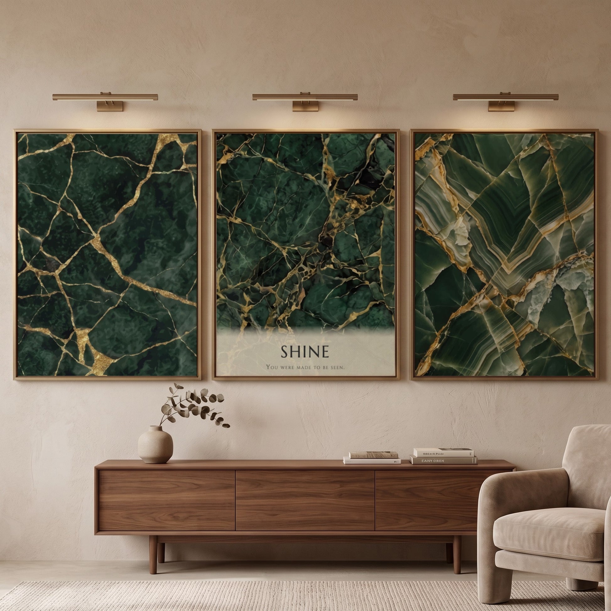 Poster triptych featuring dark green marble textures with gold veining and SHINE text