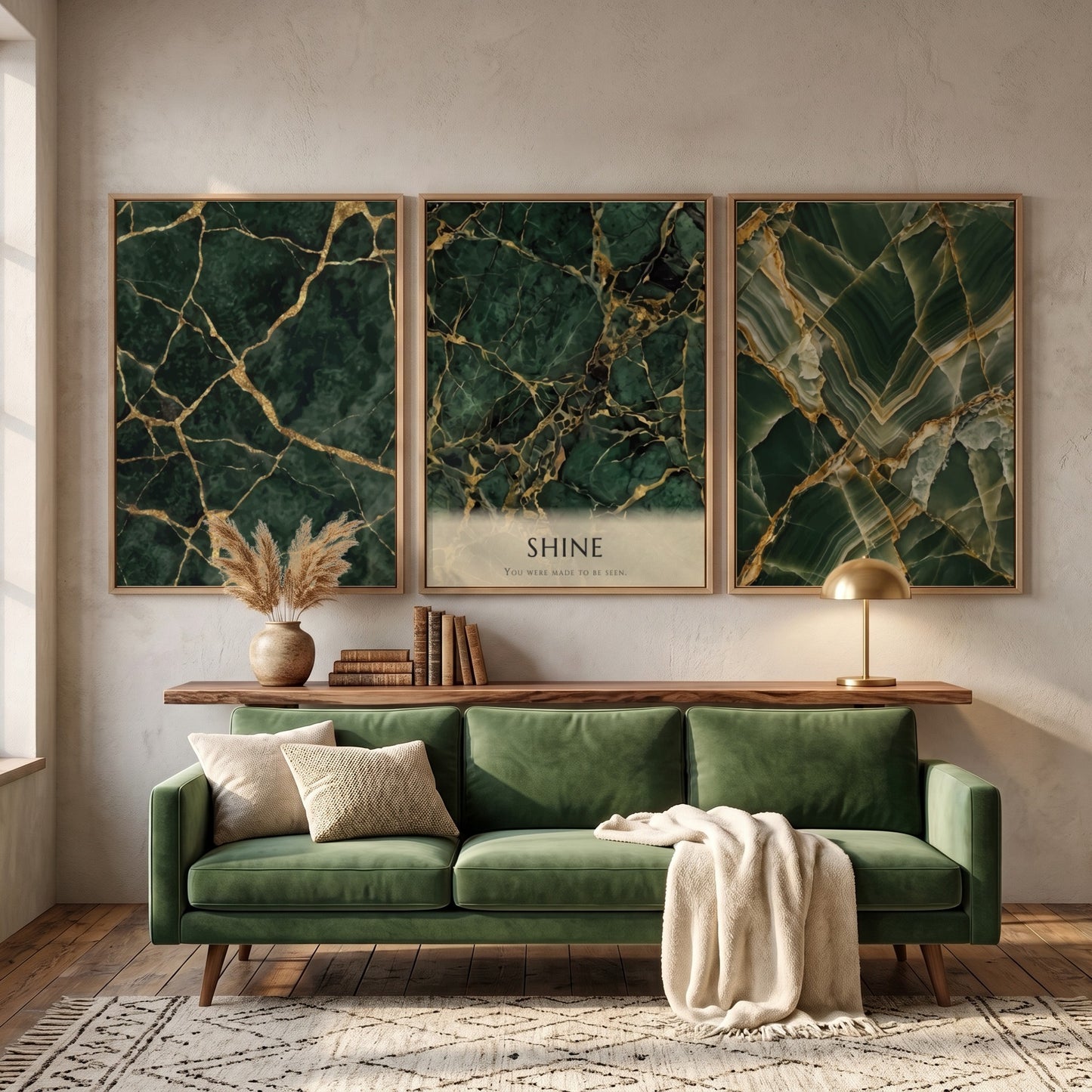 Poster triptych featuring dark green marble textures with gold veining and SHINE text