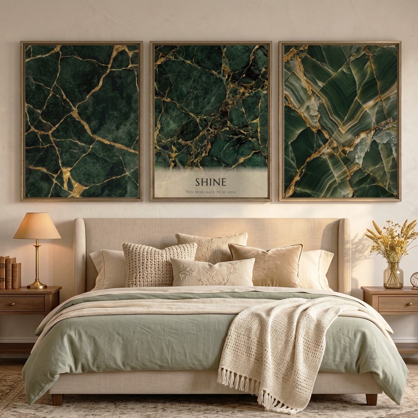 Poster triptych featuring dark green marble textures with gold veining and SHINE text