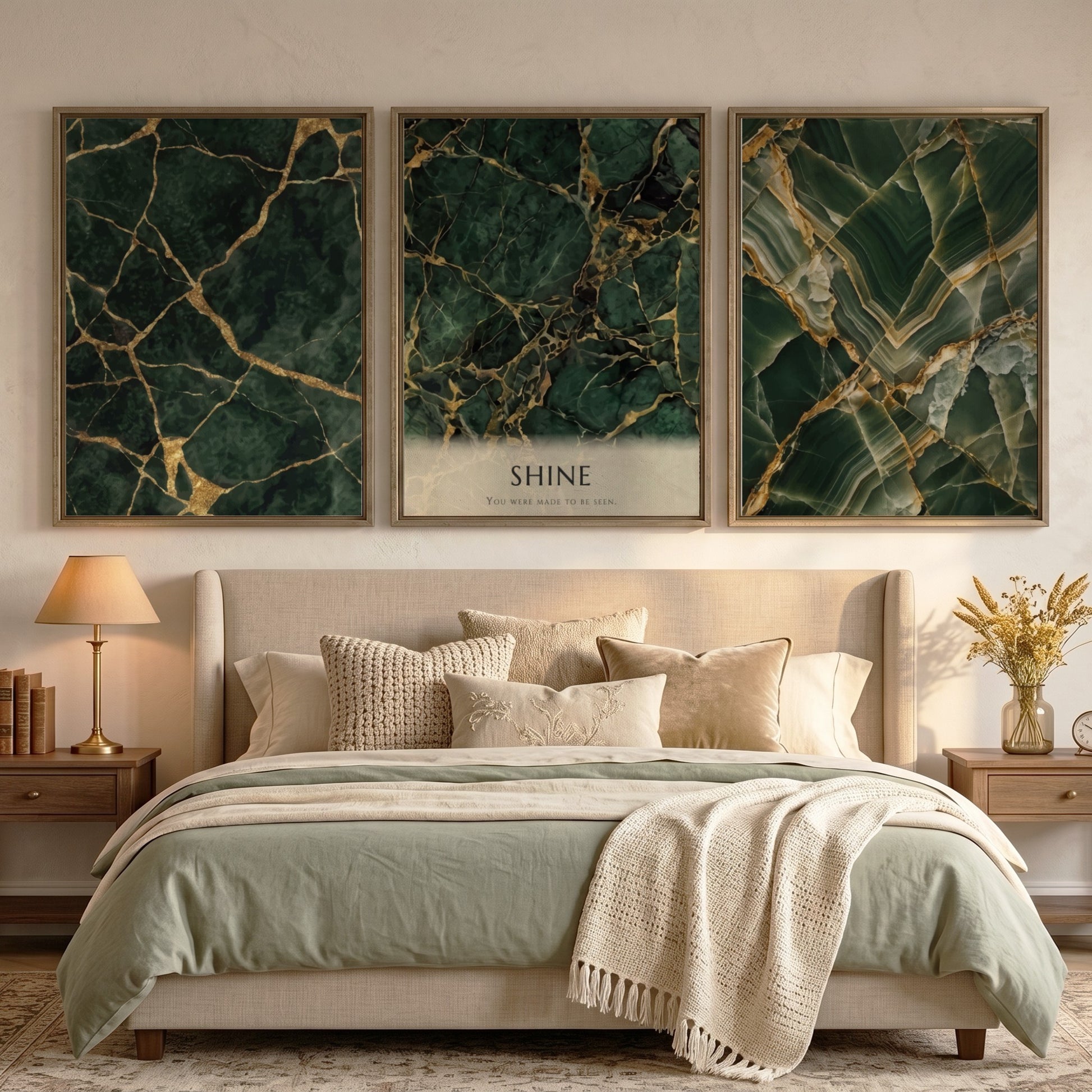 Poster triptych featuring dark green marble textures with gold veining and SHINE text