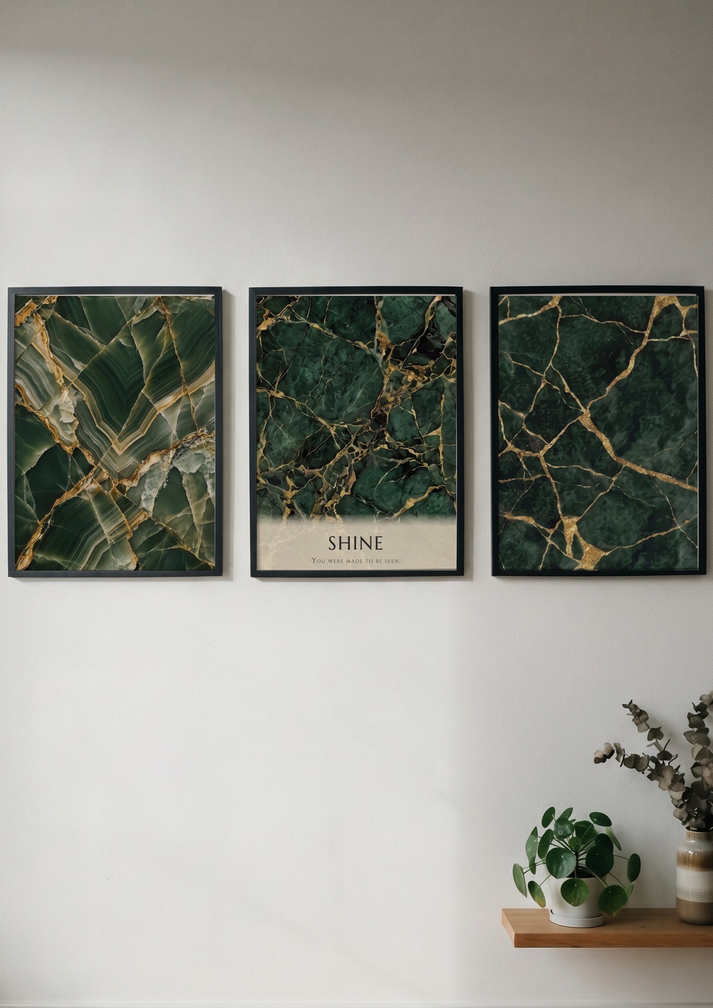 Poster triptych featuring dark green marble textures with gold veining and SHINE text