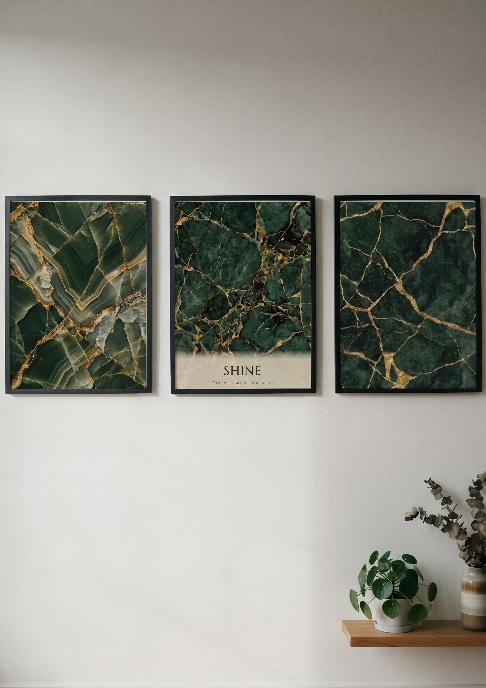 Poster triptych featuring dark green marble textures with gold veining and SHINE text