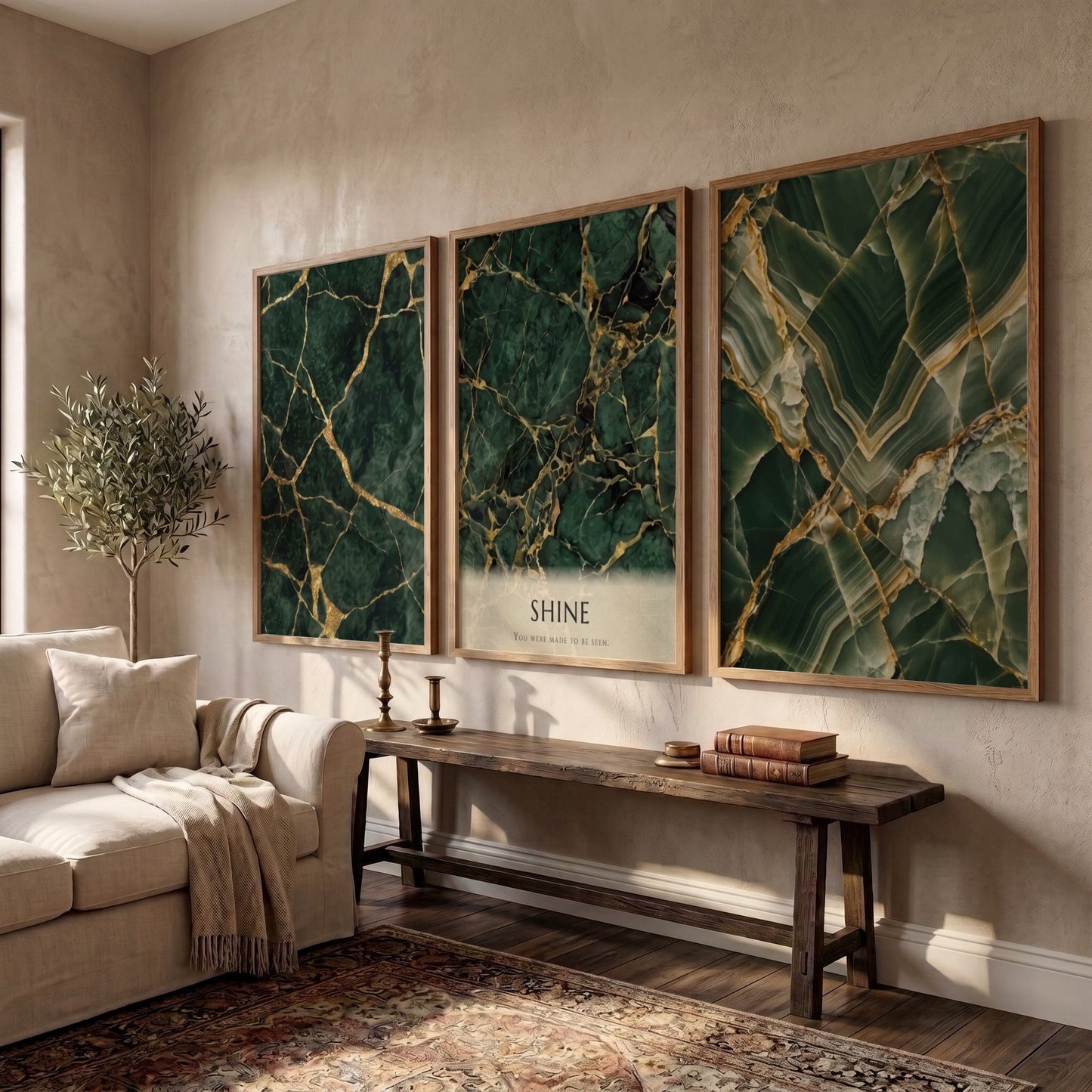 Poster triptych featuring dark green marble textures with gold veining and SHINE text