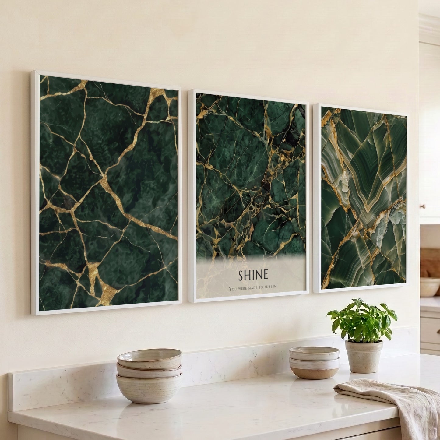Poster triptych featuring dark green marble textures with gold veining and SHINE text