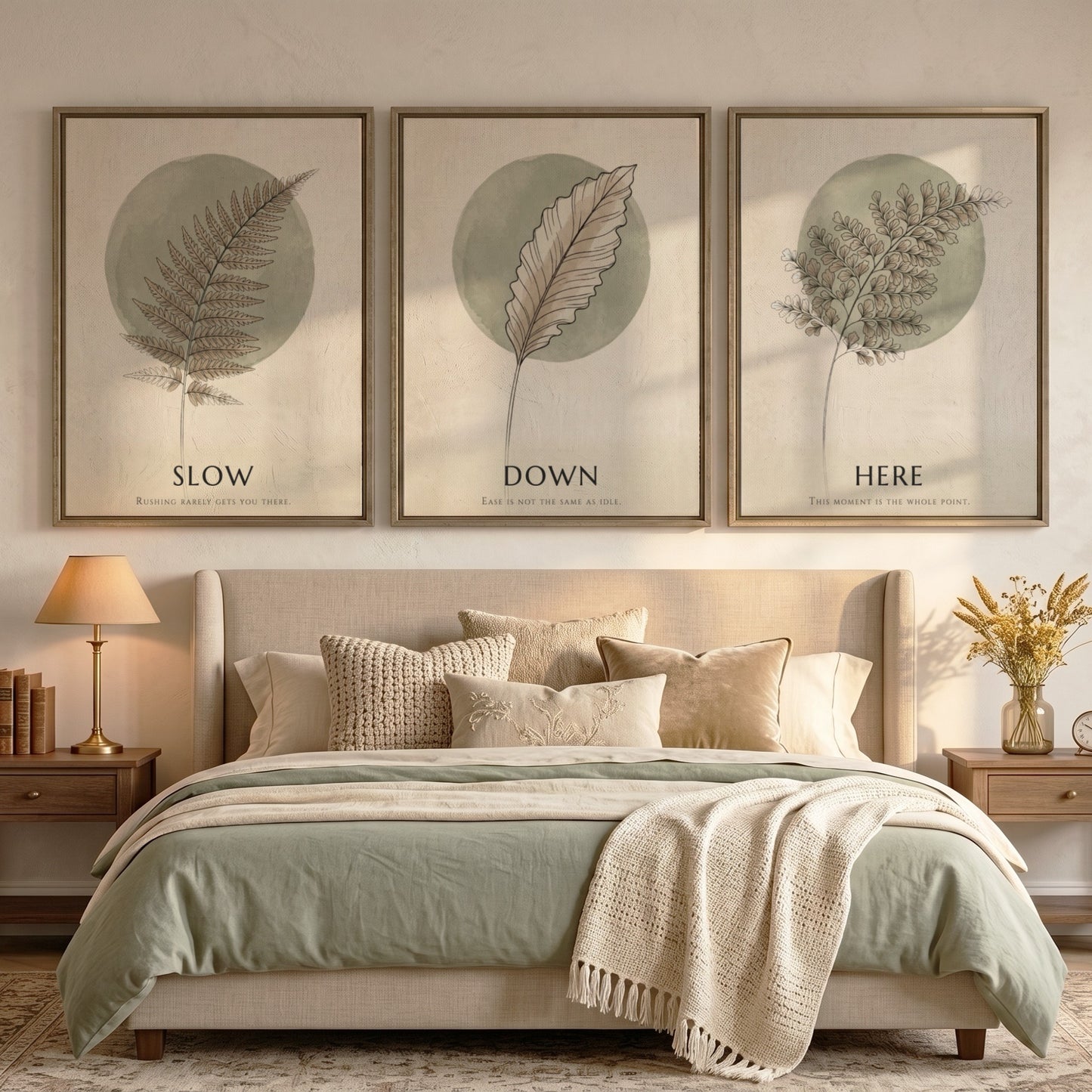 Poster triptych featuring delicate fern and feather illustrations in sage green on cream.