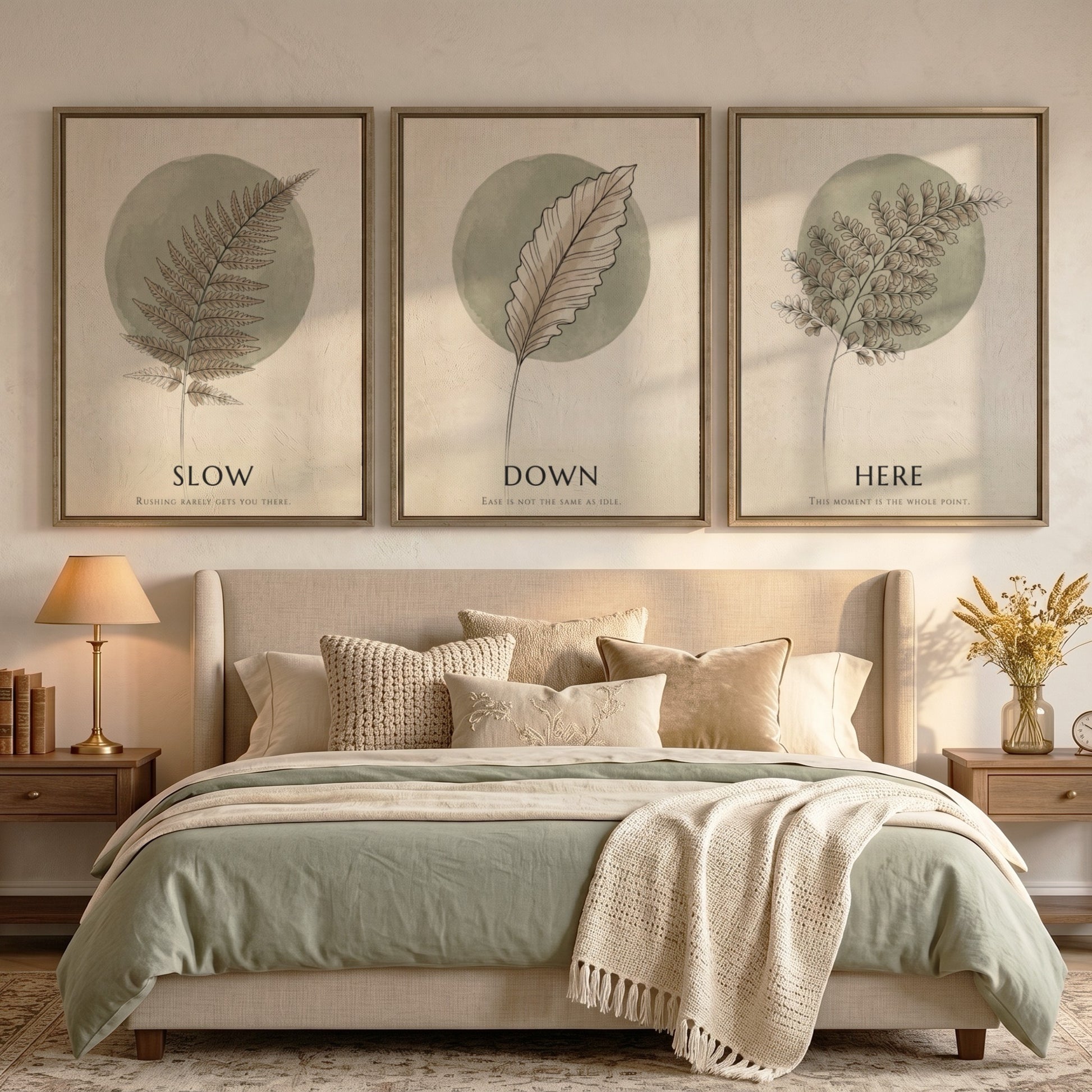 Poster triptych featuring delicate fern and feather illustrations in sage green on cream.