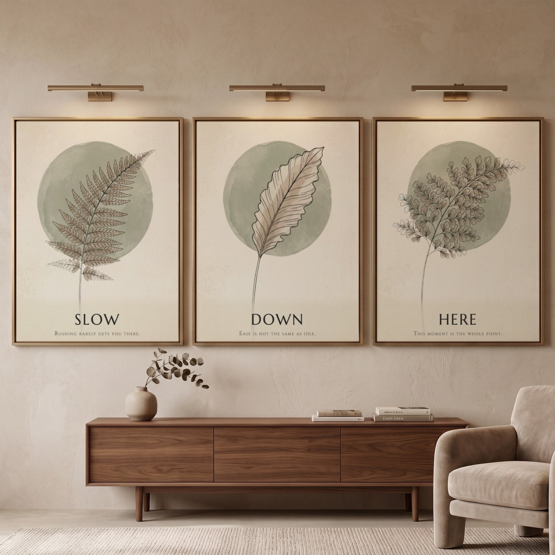 Poster triptych featuring delicate fern and feather illustrations in sage green on cream.