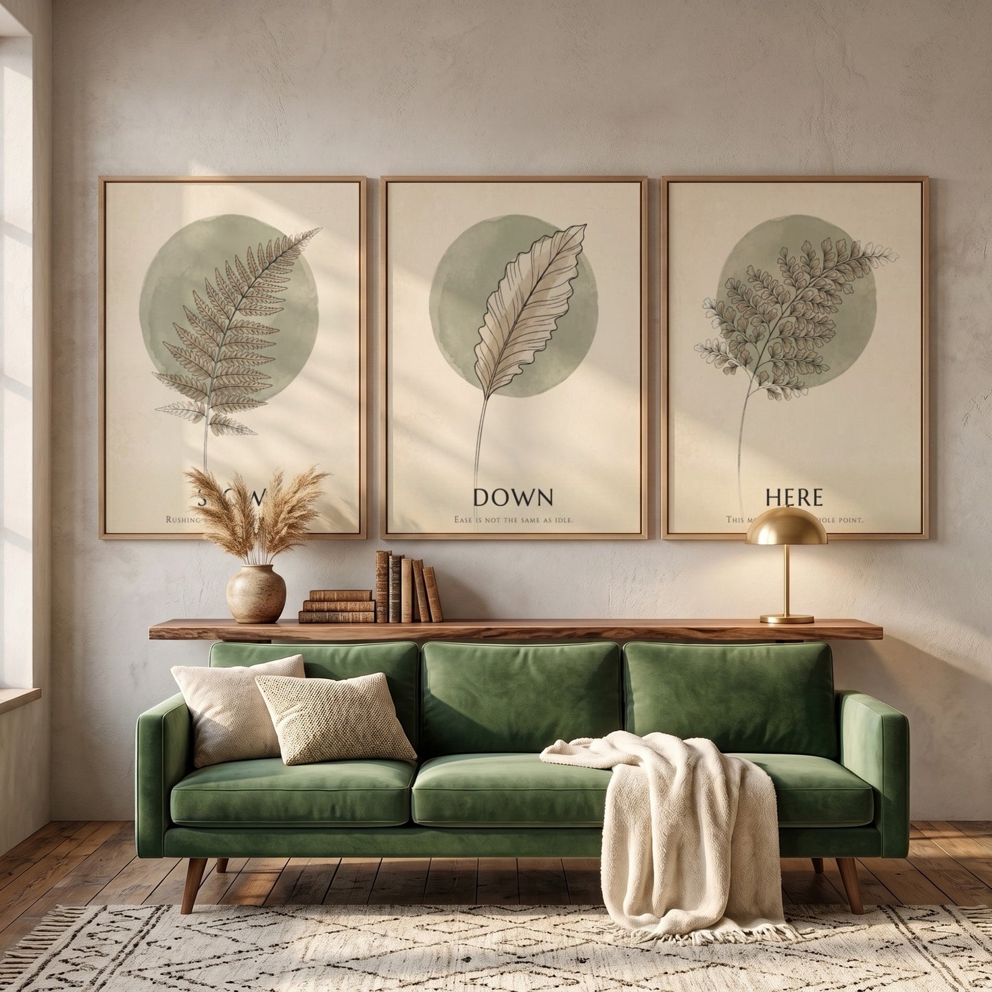 Poster triptych featuring delicate fern and feather illustrations in sage green on cream.