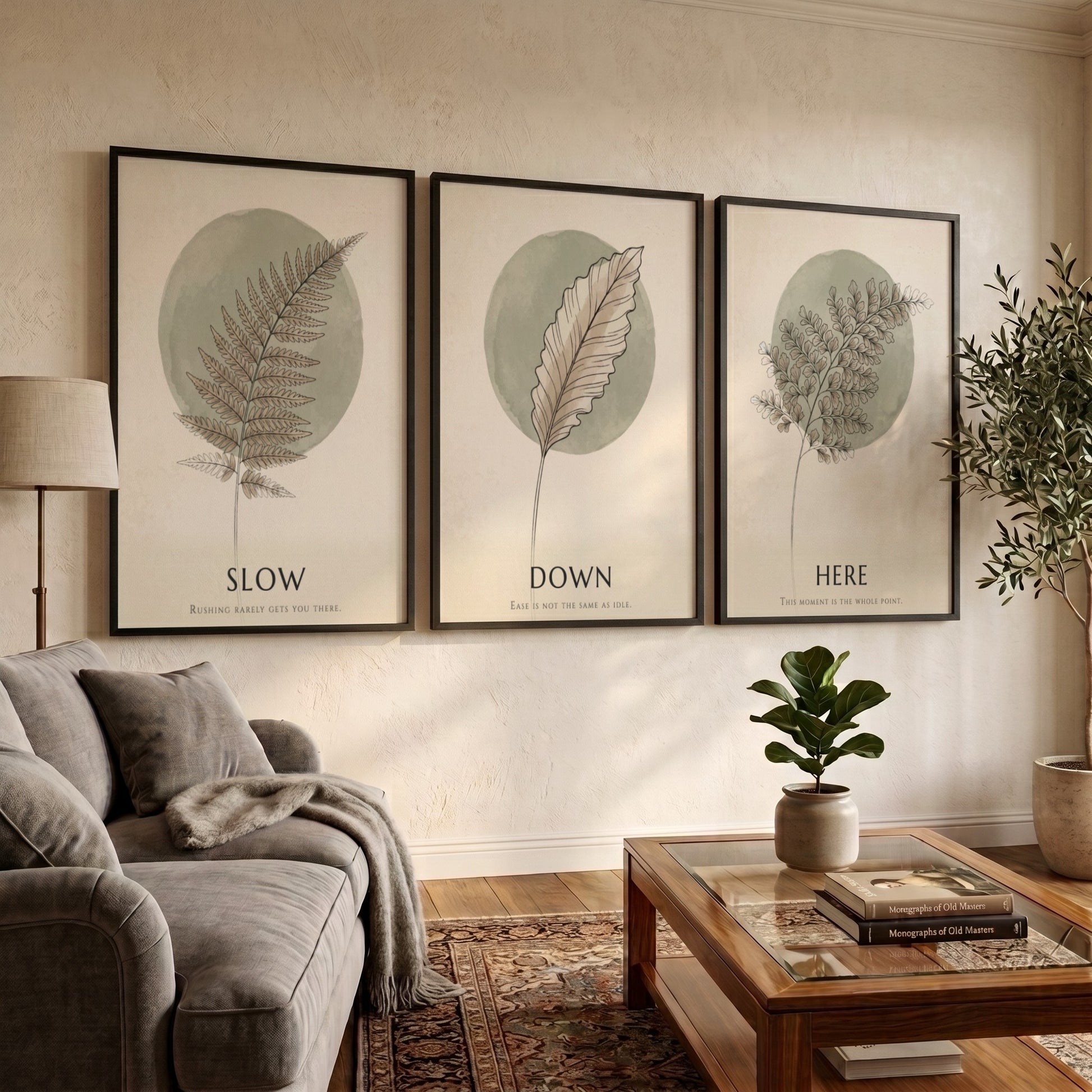 Poster triptych featuring delicate fern and feather illustrations in sage green on cream.