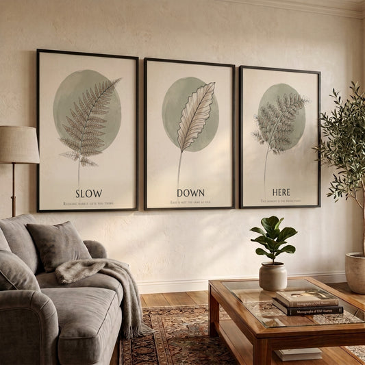 Poster triptych featuring delicate fern and feather illustrations in sage green on cream.