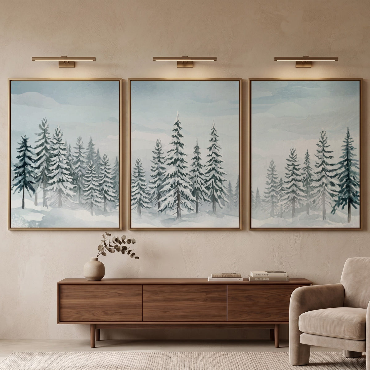 Three snowy pine forest posters with blue and white watercolour winter landscape scenes