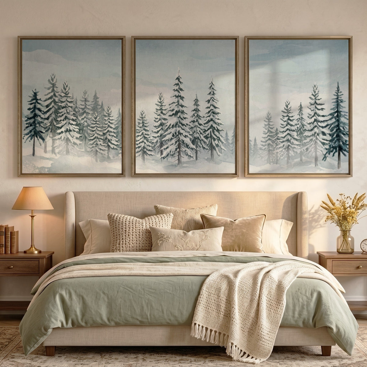 Three snowy pine forest posters with blue and white watercolour winter landscape scenes