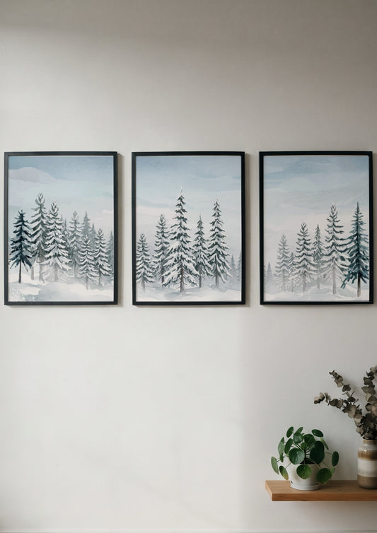 Three snowy pine forest posters with blue and white watercolour winter landscape scenes
