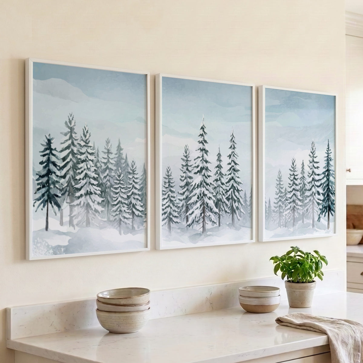Three snowy pine forest posters with blue and white watercolour winter landscape scenes