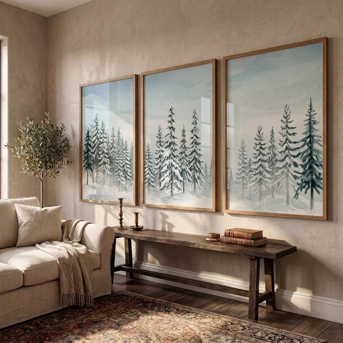 Three snowy pine forest posters with blue and white watercolour winter landscape scenes