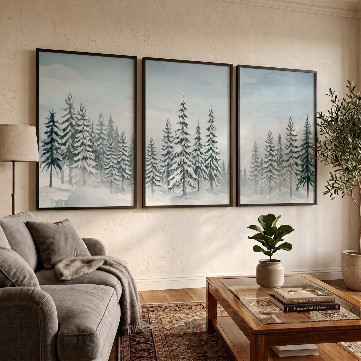 Three snowy pine forest posters with blue and white watercolour winter landscape scenes